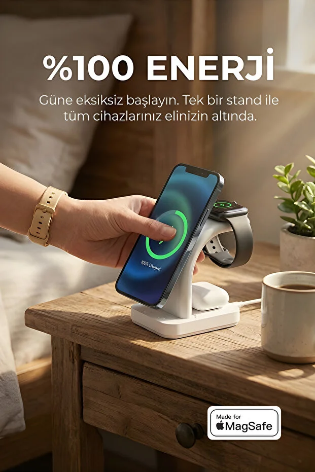 Magsafe Destekli Kablosuz Hızlı Şarj Stand 3 in 1 Apple iphone Android Uyumlu Led Alarm Saat